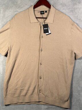 BOSS Sweater Mens L Beige Buno B Ribbed Knit Short Sleeve Button Front Cotton